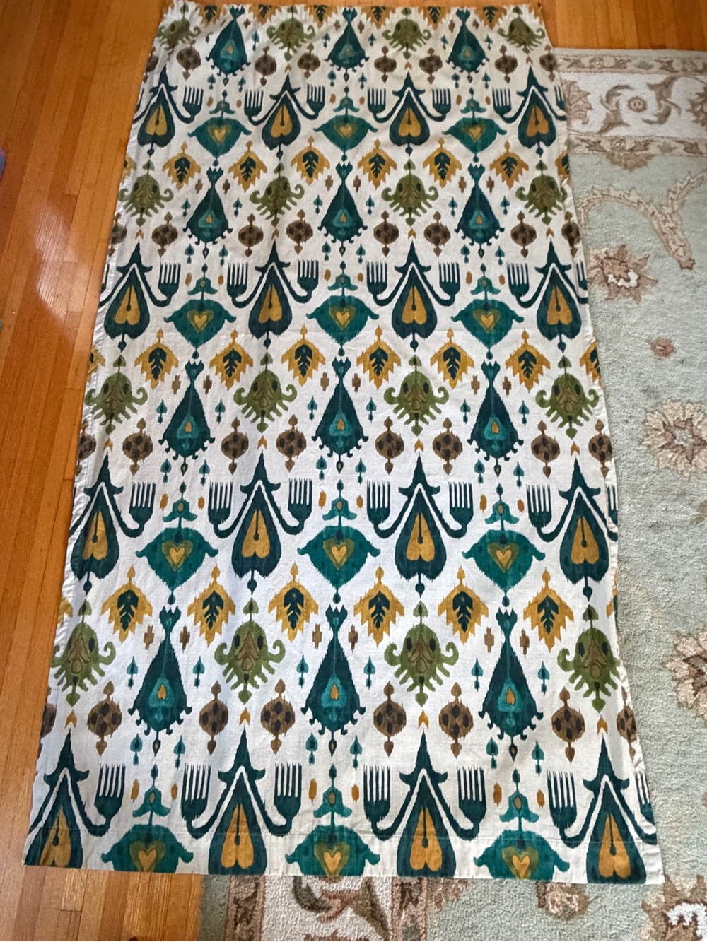 2 World Market Ikat curtain panels 46x90 + tiebacks